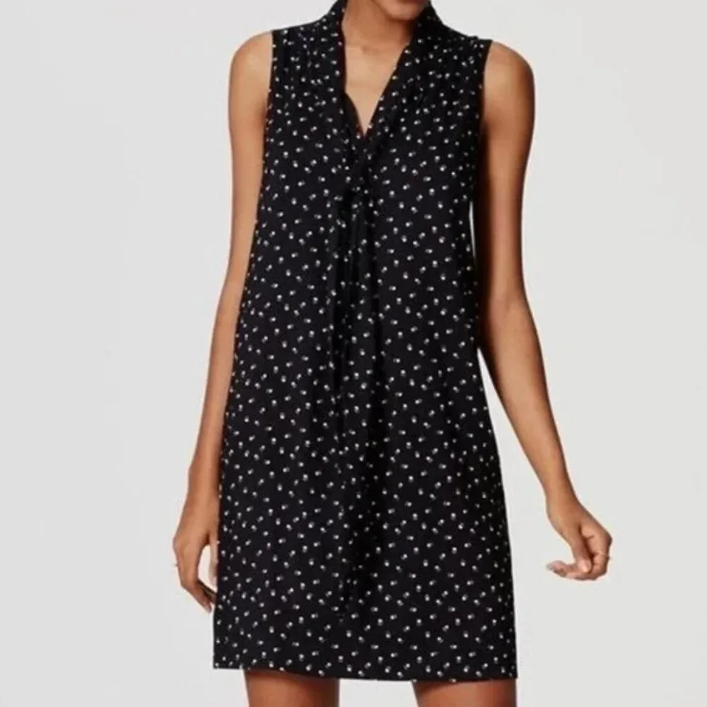 Loft Black & White Pawprint Tie Neck Dress - Picture 1 of 6